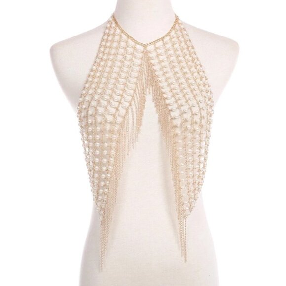 Gold Faux Pearl Chain Tassel Body Jewelry Rave‎ Halter Crop Top - Picture 6 of 10